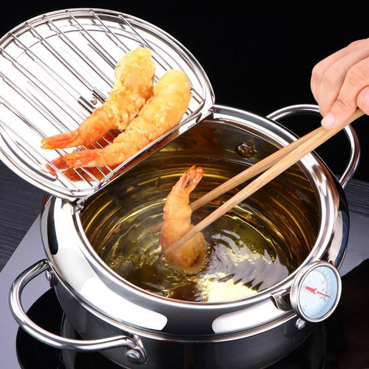 LMETJMA Japanese Deep Frying Pot with a Thermometer and a Lid 304 Stainless Steel Kitchen Tempura Fryer Pan 20 24 cm KC0405 Modernible 